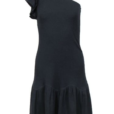 Rebecca Taylor - Black Ribbed Knit One-Shoulder Bodycon Dress w/ Ruffles Sz XS