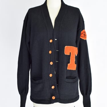 Vintage 1955 Varsity Letterman Cardigan | M/L | 1950s Wool Knit Cardigan | Black and Orange 