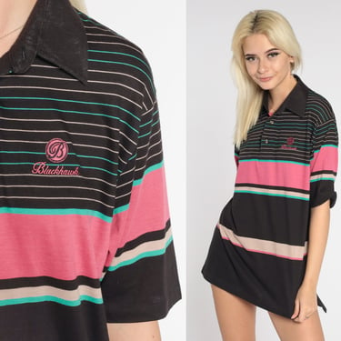 90s Black Striped Polo Shirt Blackhawk Shirt Collared Color Block Short Sleeve Top Preppy Tan Pink Green Vintage 1990s Izod Mens Medium M 