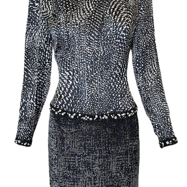 Galanos 80s Black & White Sequined Abstract Print Cocktail Dress With Embellishment