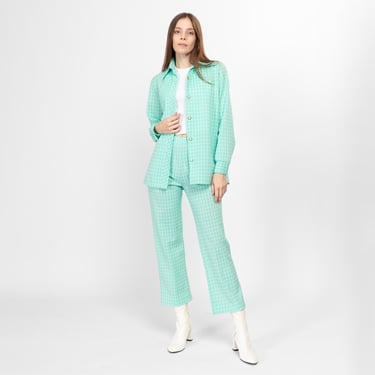 XS-Sm 70s Mint Green Windowpane Plaid Blazer & Pant Suit Set | Vintage Women's Button Up Jacket Retro Two Piece Outfit 