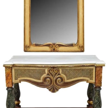Antique Console Table, Mirror, 2 Side Chairs, Spanish, Marble-Top Gilt, 1800s!