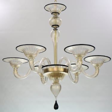 Handmade Murano glass chandelier, gold color with black details, 6 lights, Venetian lighting Made in Italy 