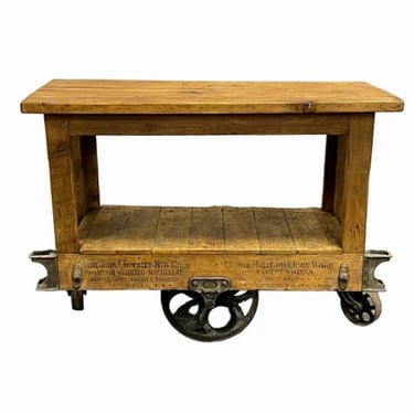 Antique American Industrial John Towsley Signed Wood & Cast Iron Warehouse Work Cart - Kitchen Island Bar Trolley Server 