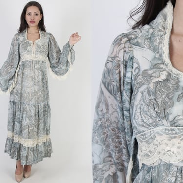 Vintage 70s Gunne Sax Fairy Dress / Long Tiered Boho Wedding Dress / Poet Sleeve Etherial Renaissance Dress Size 9 