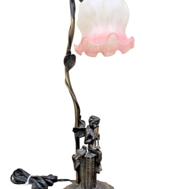 Vintage Iron Table Lamp - Winged Cherub Angel Playing Horns Accent Lamp 