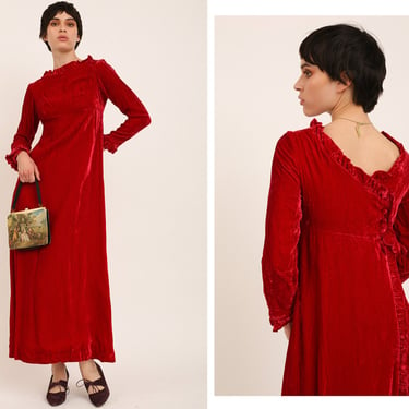 Vintage 1960s 60s Crimson Red Crushed Velvet Empire Waist Long Sleeve Open Back Gown Dress w/ Ruffle Cuffs 