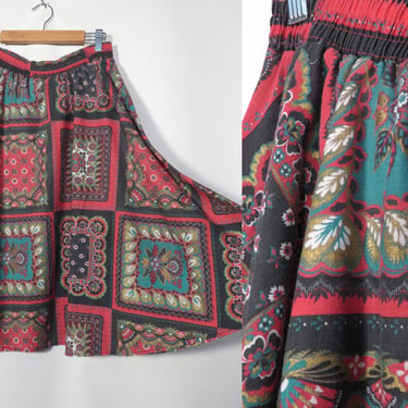 Vintage 70s/80s Bandana Scarf Print Cotton Full Midi Skirt Made In USA Union Label Size L 