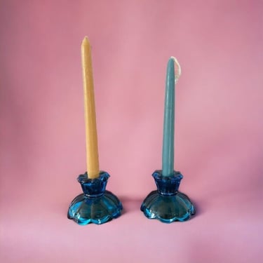 Vintage 1970s Cobalt Blue Glass Crystal Bubble Retro Short Candlestick Holders 