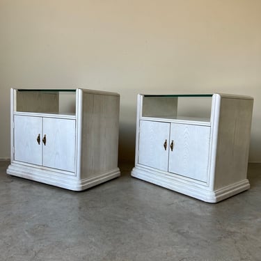 A Pair of Vintage Thomasville Whitewash Beside Tables With Glass Top 
