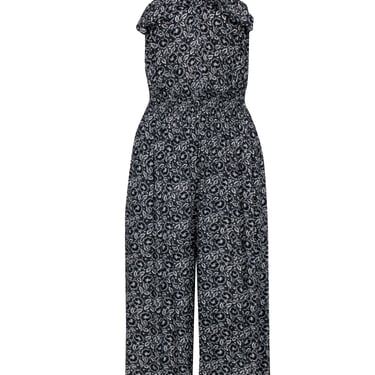 Rebecca Taylor - Black & White Floral Print Silk Wide Leg Jumpsuit w/ Ruffle Neckline Sz 4