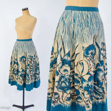 1950s Blue Floral Print Circle Skirt | 50s-like Style Blue Flowered Swing Skirt | Large 