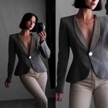 GIORGIO ARMANI Cool Gray Ramie & Silk Geometric Textured Tuxedo Bolero Blazer | Made in Italy | Y2K 2000s ARMANI Designer Peplum Jacket 