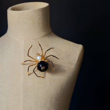 Gold Plated Sterling Silver and Black Glass Spider Brooch