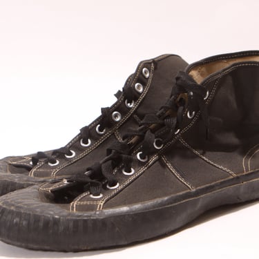 1940s 1945 WWII Black Rubber Sole and Toe Lace Up Military Army Combat Canvas High Top Shoes by U.S. Rubber Co. -Size 8 