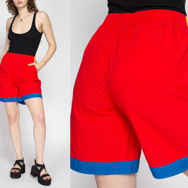 Medium 80s Red Color Block Shorts | Retro High Elastic Waist Athletic Shorts 