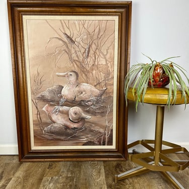 Huge Vintage 1970s Decoy Ducks Original Acrylic Painting 