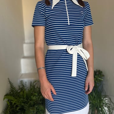Royal Tenebaums Margo Nautical Striped 1970s Summer Belted Dress Big Collar Polo Style 34 Bust Vintage 