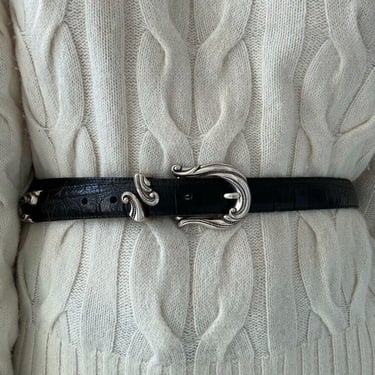 Vintage 1990s Coldwater Creek Black Croc Embossed Leather Western Waist Belt XL 