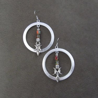Silver and lava rock goddess hoop earrings, multicolor 