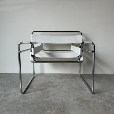 Vintage Marcel Breuer Wassily - Style Chrome White Leather Sling Lounge Chair 