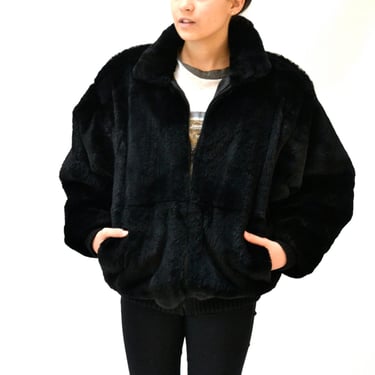 Vintage Black Fur Jacket Size Large 80s 90s Black Beaver Fur Coat by Carole Little Large 