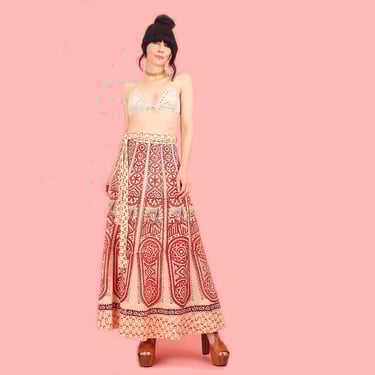 Vintage 1970s Indian Cotton Wrap Skirt // Hand Block Printed Maxi Skirt // ViNtAgE Cotton // Made in India 70s Bias Cut Hippie Bohemian 
