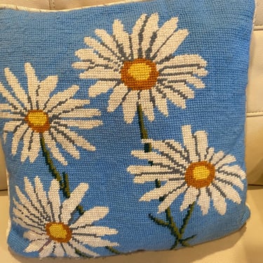 Groovy Needlepoint Daisy Pillow, Beautiful Colors Very Cheery, Mid Century Mod, Hand Stitched, Vintage Flower Power 