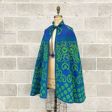 Vintage Cape Retro 1960s Handmade + Blue and Green + Floral Print + Bohemian + Cloak + Reversible + One Size + Womens Apparel 
