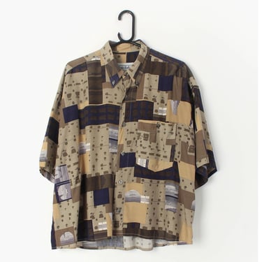 Vintage abstract shirt in brown, beige and navy, slightly cropped shape - Large / XL 