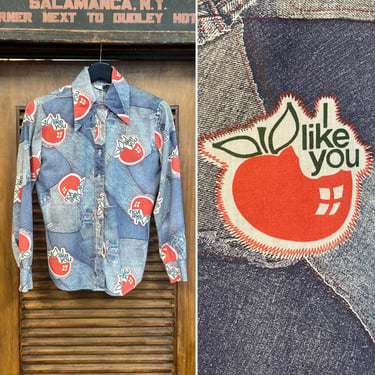 Vintage 1970’s Dates 1974 Pop Art Apple “I Like You” Cartoon Print Shirt Top, 70’s Mod, 70’s Disco, Patchwork, Vintage Clothing 