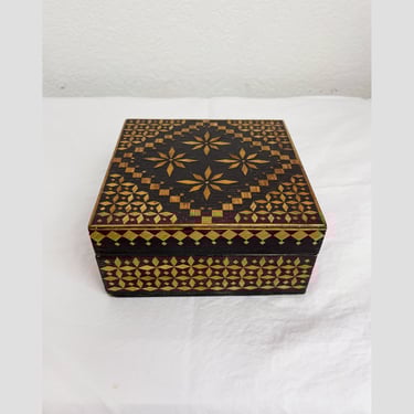 Vintage Midcentury Soviet Straw Mosaic Marquetry Jewelry Box Handmade 1950s Folk Art Gift 