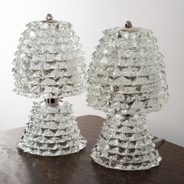 Set of 2 Rostrato Murano glass table lamp pure clear color, handmade vintage Barovier style lamp Made in Italy 