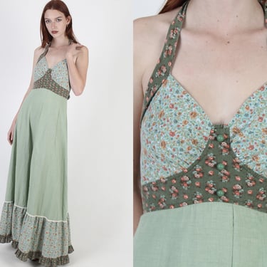 Vintage 70s Sage Green Maxi Halter Dress / Calico Floral Prairie Style / Summer Picnic Open Back Long Sun Dress 