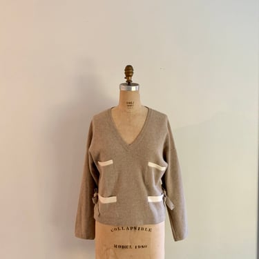 Sonia Rykiel Paris vintage 1980s side tie tan pullover v neck sweater-size M/L 