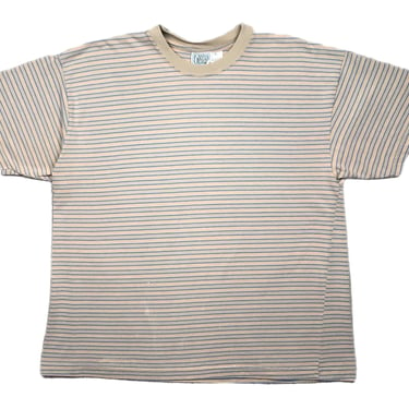 Vintage 90s Neutral Colored Pink/Beige/Blue Striped Graphic T-Shirt Size Large/XL 