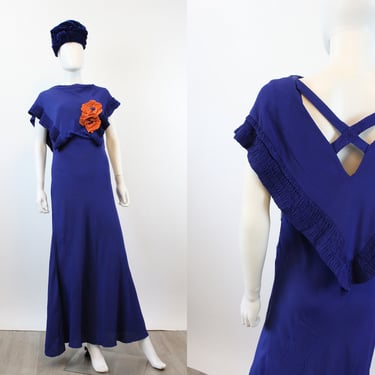 1930s electric blue CAPE bias GOWN DRESS medium | new fall 