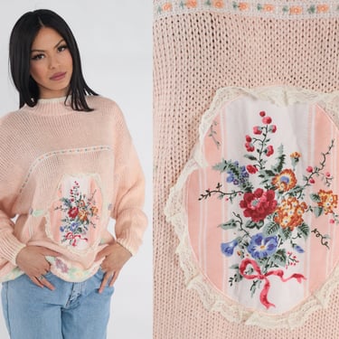 Pink Floral Sweater 80s Knit Pullover Mock Neck Sweater Lace Trim Flower Print Jumper Retro Girly Spring Pastel Boho Vintage 1980s Large L 