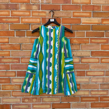 vintage 60s green blue striped mini trapeze dress / xs extra small 