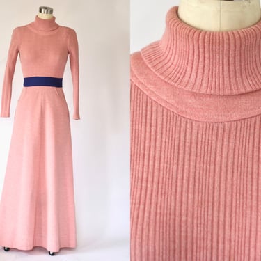 1960s Double Knit Turtleneck Maxi Dress with Pockets - Vintage Rose Pink Long Sleeve Ribbed Knit Dress - Small 