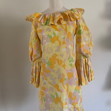 Vintage 60s Mod Daisy Baby Doll Psychadelic Mini Dress with Bubble Sleeves;  60s Pastel Neon Floral Mini Shift Dress with Ruffled Collar M L 