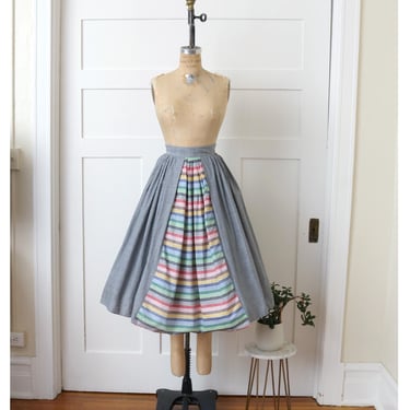 vintage 1950s full cut skirt • rainbow striped gray cotton nipped waist twirl skirt 