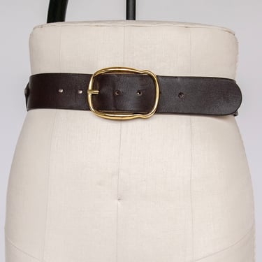 1970s Leather Belt Brown High Waist Cinch M / L 