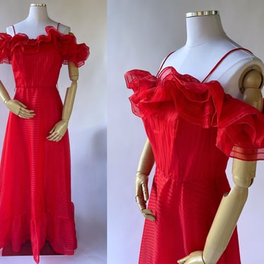 Vintage 1970's Red Ruffled Striped Chiffon Maxi Dress / Costume, Salsa, Prom, Hostess, Party, Off the Shoulder, Christmas, Valentines 