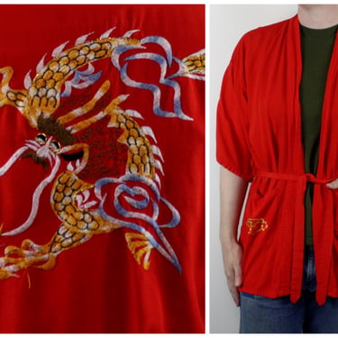 Vintage 80s Red Robe - Embroidered Dragon - Waist Belt - Open Front 