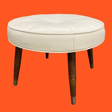 Vintage Ottoman Retro 1960s Mid Century Modern + White Vinyl + Round Top + Tufted Button + Brown Wood + Taper Legs + Footstool + Extra Seat 