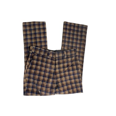 Vintage 70's Brown Blue Plaid Wool Blend Flared Trouser Pants, Talon Zipper, 32