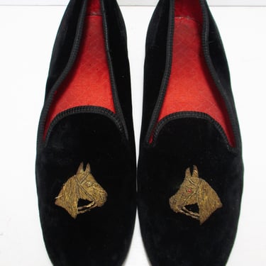 Vintage 1960s Black Velvet Crested Loafers, Size 10 1/2 D Men, Equestrian Theme Shoes 