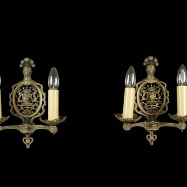 Pair of Knight Coat of Arms Bronze Two Arm Wall Sconces