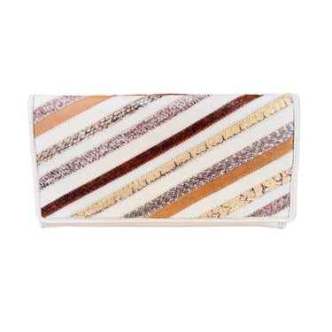 1980's Ivory Snakeskin Clutch Bag w/Appliqué Stripes